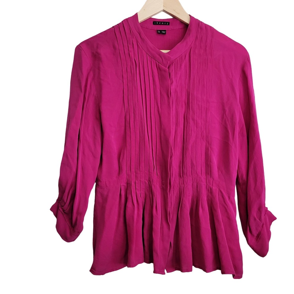 Theory Women's Pintuck Button-Up 100% Silk Blouse Size Large Pink